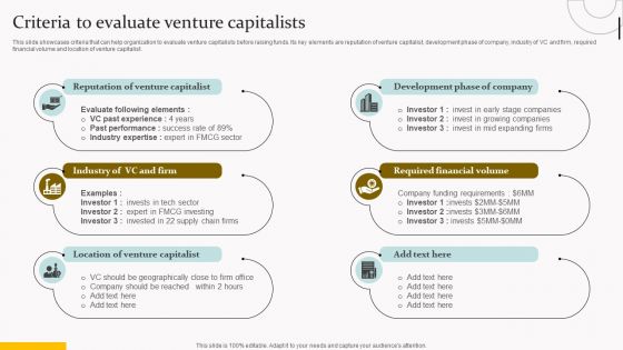 Capital Acquisition Strategy For Startup Business Criteria To Evaluate Venture Capitalists Template PDF