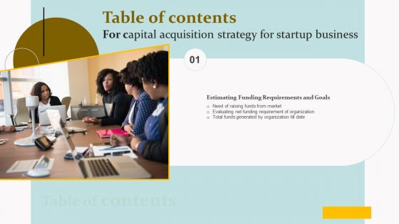 Capital Acquisition Strategy For Startup Business Table Of Contents Elements PDF