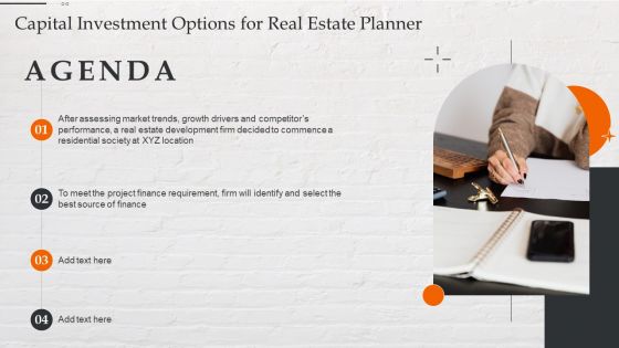 Capital Investment Options For Real Estate Planner Agenda Sample PDF