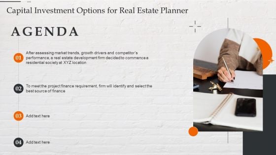 Capital Investment Options For Real Estate Planner Agenda Sample PDF Capital Investment Options For Real Estate Planner Agenda Sample PDF