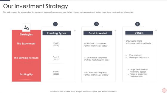 Capital Raising Pitch For Investor Our Investment Strategy Ppt PowerPoint Presentation Gallery Design Ideas PDF
