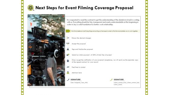 Capture Business Events Next Steps For Event Filming Coverage Proposal Ppt Summary Visuals PDF