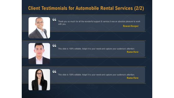 Car Hiring Client Testimonials For Automobile Rental Services Ppt Model Deck PDF Car Hiring Client Testimonials For Automobile Rental Services Ppt Model Deck PDF