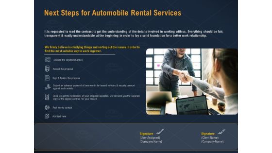 Car Hiring Next Steps For Automobile Rental Services Ppt File Clipart Images PDF