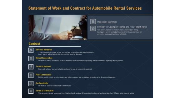 Car Hiring Statement Of Work And Contract For Automobile Rental Services Ppt Portfolio Samples PDF