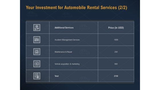 Car Hiring Your Investment For Automobile Rental Services Repair Ppt File Example Topics PDF