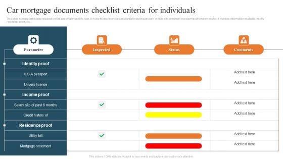 Car Mortgage Documents Checklist Criteria For Individuals Infographics PDF