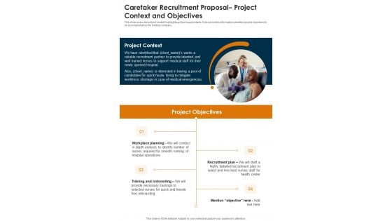 Caretaker Recruitment Project Context And Objectives One Pager Sample Example Document