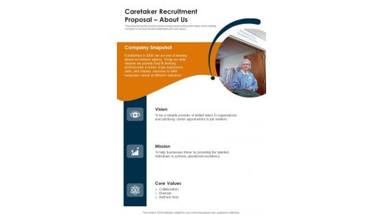 Caretaker Recruitment Proposal About Us One Pager Sample Example Document Caretaker Recruitment Proposal About Us One Pager Sample Example Document