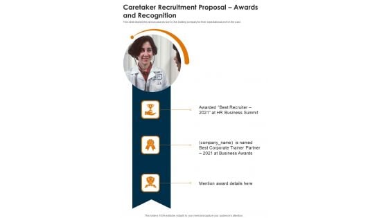 Caretaker Recruitment Proposal Awards And Recognition One Pager Sample Example Document