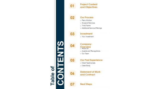 Caretaker Recruitment Proposal Table Of Contents One Pager Sample Example Document