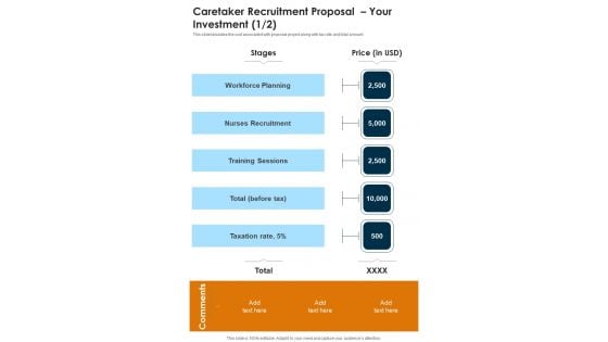 Caretaker Recruitment Proposal Your Investment One Pager Sample Example Document