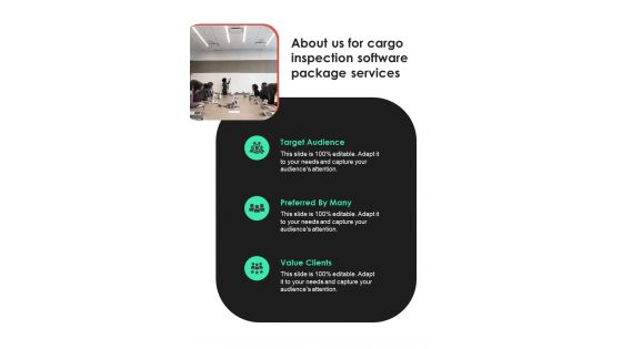 Cargo Inspection Software Package Services About Us One Pager Sample Example Document