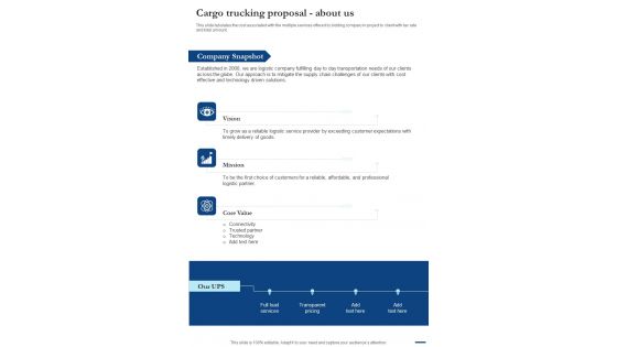 Cargo Trucking Proposal About Us One Pager Sample Example Document