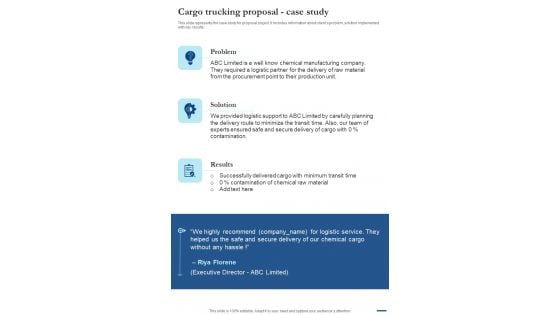 Cargo Trucking Proposal Case Study One Pager Sample Example Document