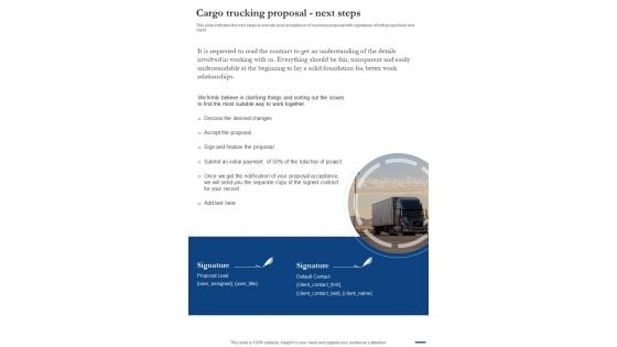 Cargo Trucking Proposal Next Steps One Pager Sample Example Document