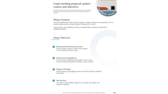 Cargo Trucking Proposal Project Context And Objectives One Pager Sample Example Document