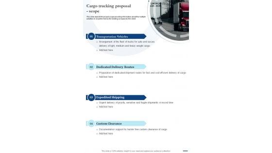 Cargo Trucking Proposal Scope One Pager Sample Example Document