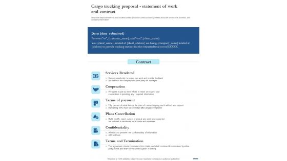 Cargo Trucking Proposal Statement Of Work And Contract One Pager Sample Example Document