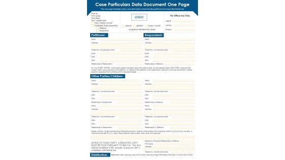 Case Particulars Data Document One Page PDF Document PPT Template