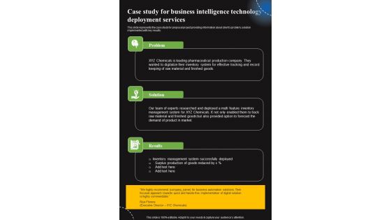 Case Study For Business Intelligence Technology Deployment Services One Pager Sample Example Document