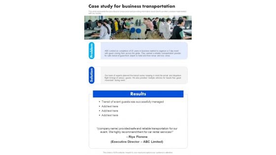 Case Study For Business Transportation One Pager Sample Example Document Case Study For Business Transportation One Pager Sample Example Document