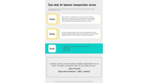 Case Study For Business Transportation Service One Pager Sample Example Document