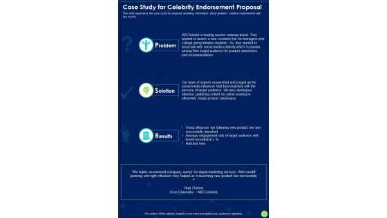 Case Study For Celebrity Endorsement Proposal One Pager Sample Example Document