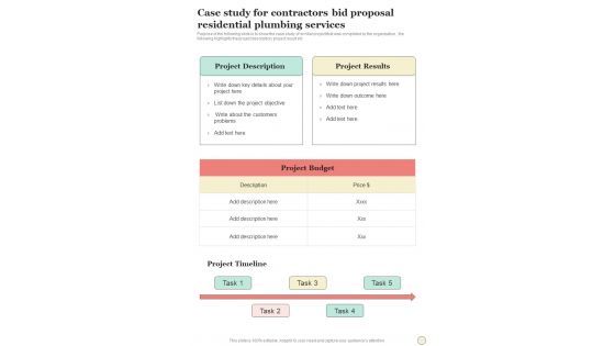 Case Study For Contractors Bid Proposal Residential Plumbing Services One Pager Sample Example Document Case Study For Contractors Bid Proposal Residential Plumbing Services One Pager Sample Example Document