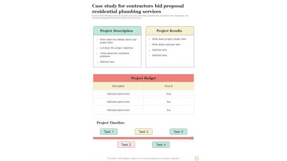 Case Study For Contractors Bid Proposal Residential Plumbing Services One Pager Sample Example Document