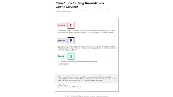 Case Study For Drug De Addiction Centre Services One Pager Sample Example Document