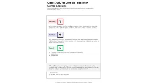 Case Study For Drug De Addiction Centre Services One Pager Sample Example Document Case Study For Drug De Addiction Centre Services One Pager Sample Example Document