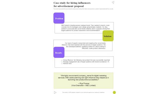Case Study For Hiring Influencers For Advertisement Proposal One Pager Sample Example Document