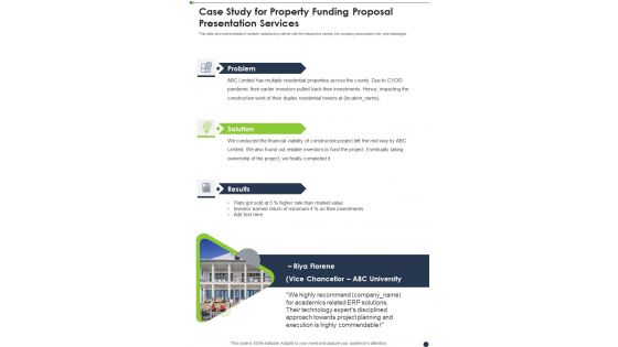 Case Study For Property Funding Proposal Presentation Services One Pager Sample Example Document