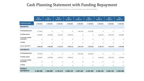 Cash Planning Statement With Funding Repayment Ppt PowerPoint Presentation Gallery Background PDF