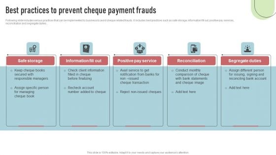 Cashless Payment Strategies To Enhance Business Performance Best Practices To Prevent Cheque Payment Frauds Brochure PDF