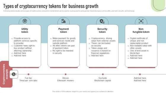 Cashless Payment Strategies To Enhance Business Performance Types Of Cryptocurrency Tokens For Business Growth Infographics PDF Cashless Payment Strategies To Enhance Business Performance Types Of Cryptocurrency Tokens For Business Growth Infographics PDF