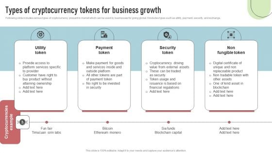 Cashless Payment Strategies To Enhance Business Performance Types Of Cryptocurrency Tokens For Business Growth Infographics PDF