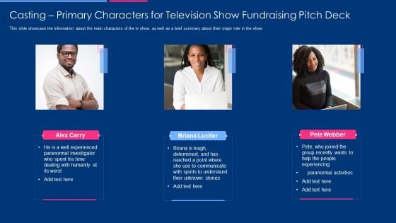 Casting Primary Characters For Television Show Fundraising Pitch Deck Designs PDF Casting Primary Characters For Television Show Fundraising Pitch Deck Designs PDF