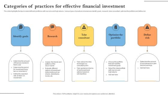 Categories Of Practices For Effective Financial Investment Slides PDF