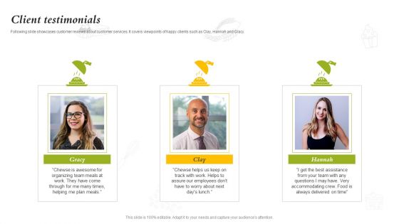 Catering Business Investment Funding Deck Client Testimonials Slides PDF Catering Business Investment Funding Deck Client Testimonials Slides PDF