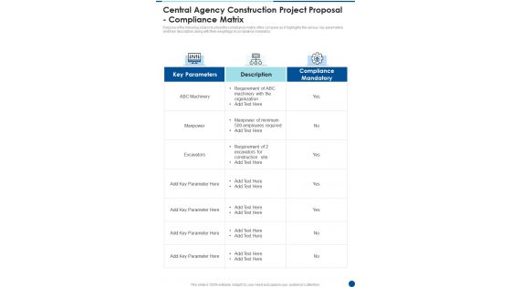 Central Agency Construction Project Proposal Compliance Matrix One Pager Sample Example Document
