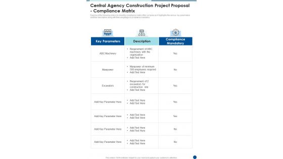 Central Agency Construction Project Proposal Compliance Matrix One Pager Sample Example Document Central Agency Construction Project Proposal Compliance Matrix One Pager Sample Example Document