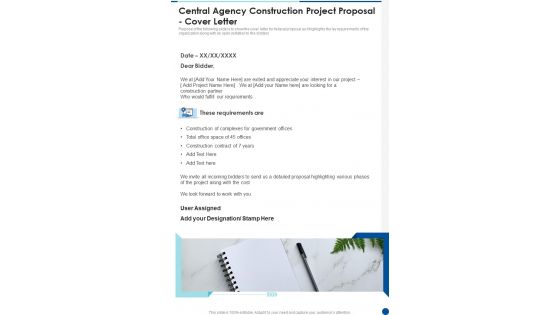 Central Agency Construction Project Proposal Cover Letter One Pager Sample Example Document