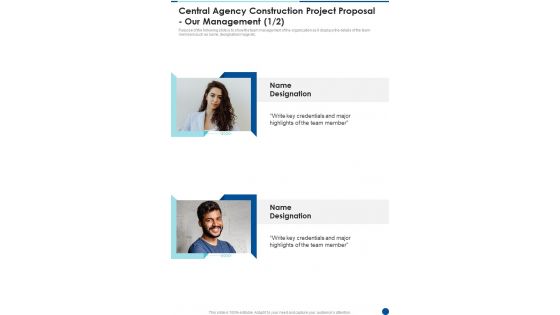 Central Agency Construction Project Proposal Our Management One Pager Sample Example Document
