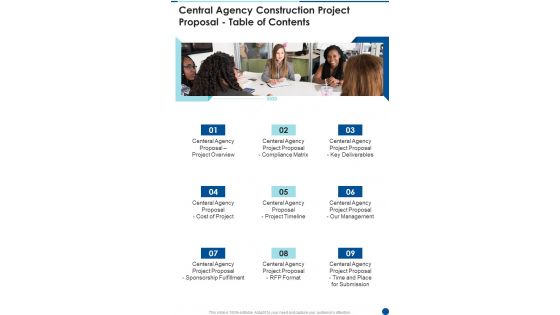 Central Agency Construction Project Proposal Table Of Contents One Pager Sample Example Document