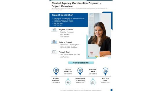 Central Agency Construction Proposal Project Overview One Pager Sample Example Document