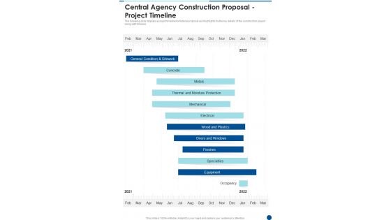 Central Agency Construction Proposal Project Timeline One Pager Sample Example Document Central Agency Construction Proposal Project Timeline One Pager Sample Example Document