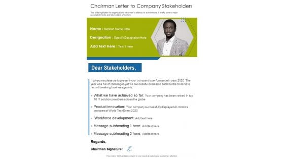 Chairman Letter To Company Stakeholders One Pager Documents