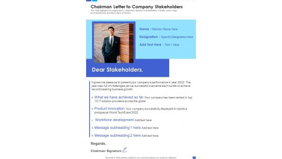 Chairman Letter To Company Stakeholders Template 141 One Pager Documents